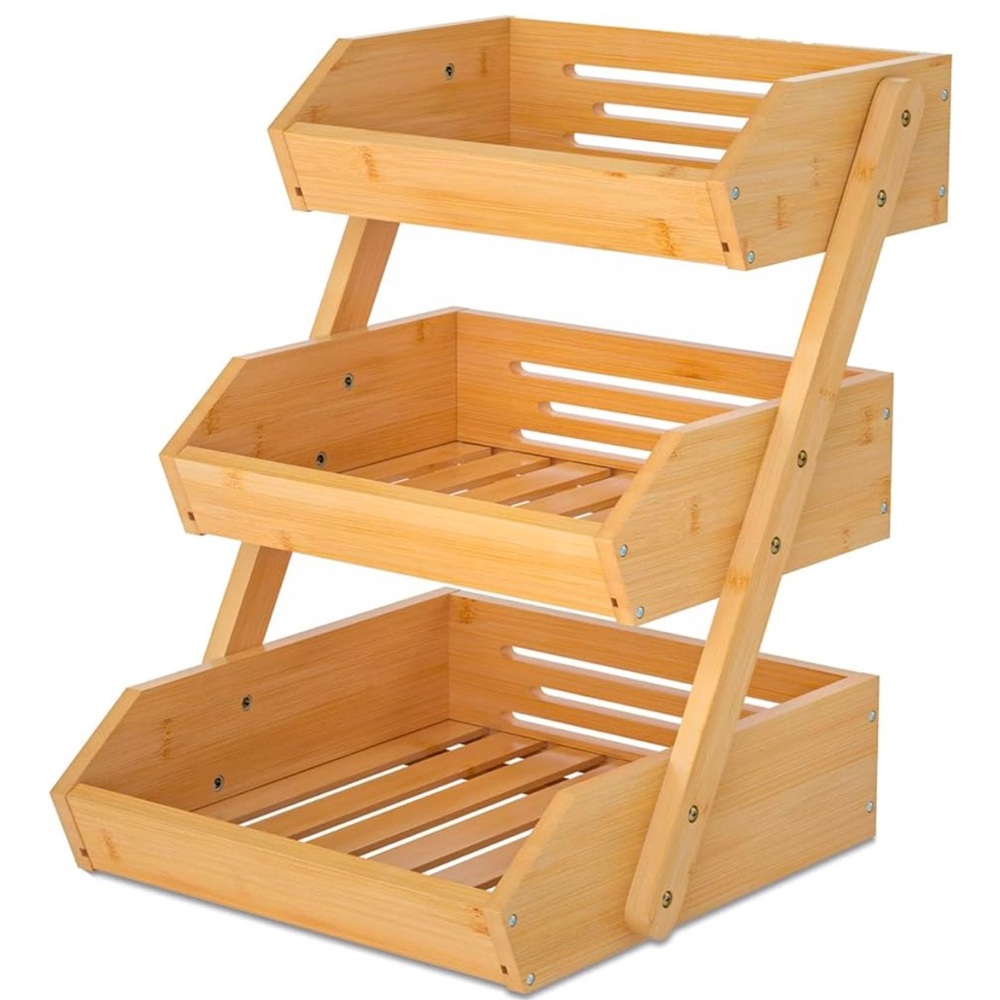 Large 3 Tier Bamboo Stand Kitchen: Fruit Holder, Suitable for Bread, Storage